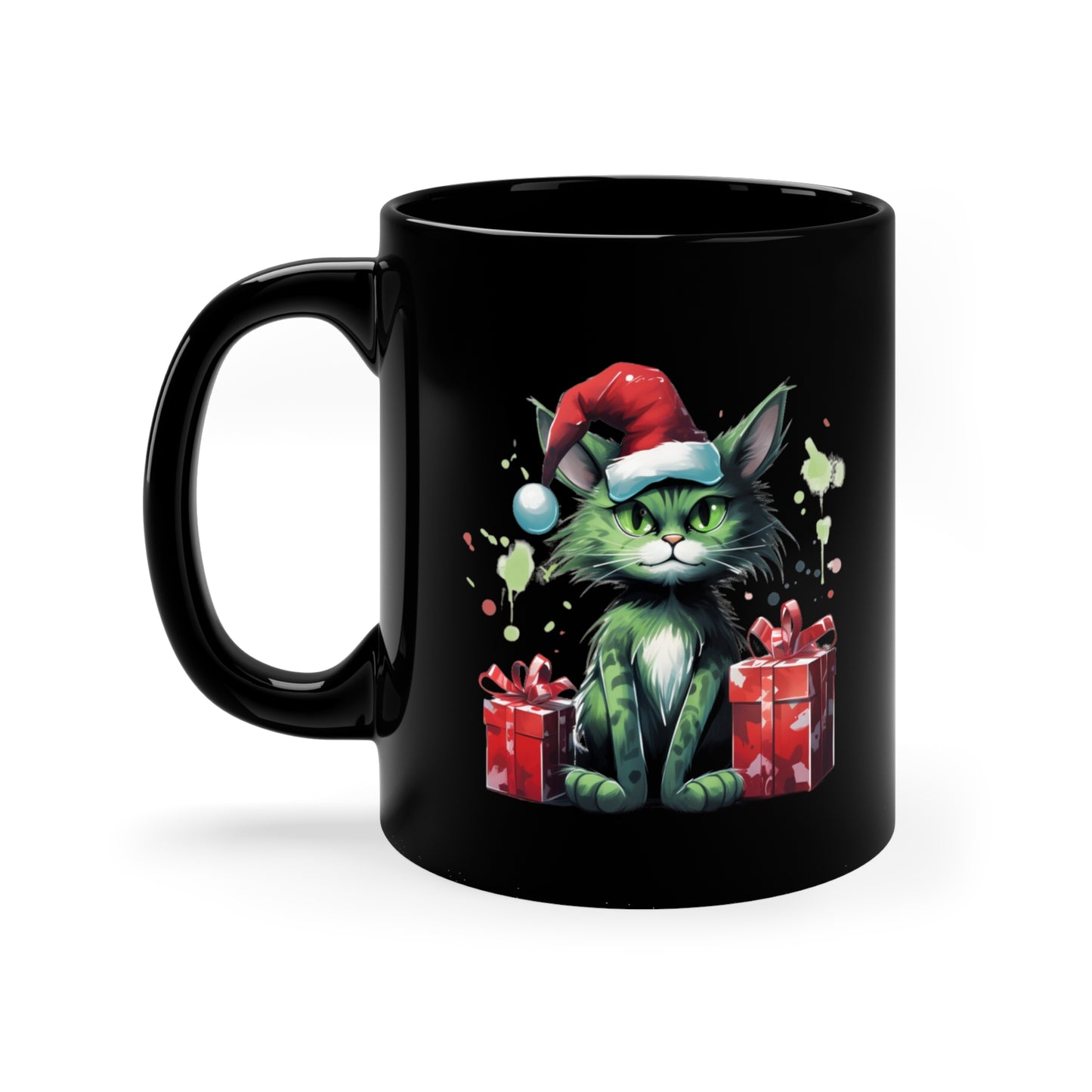 Green Christmas Cat 11oz Black Mug