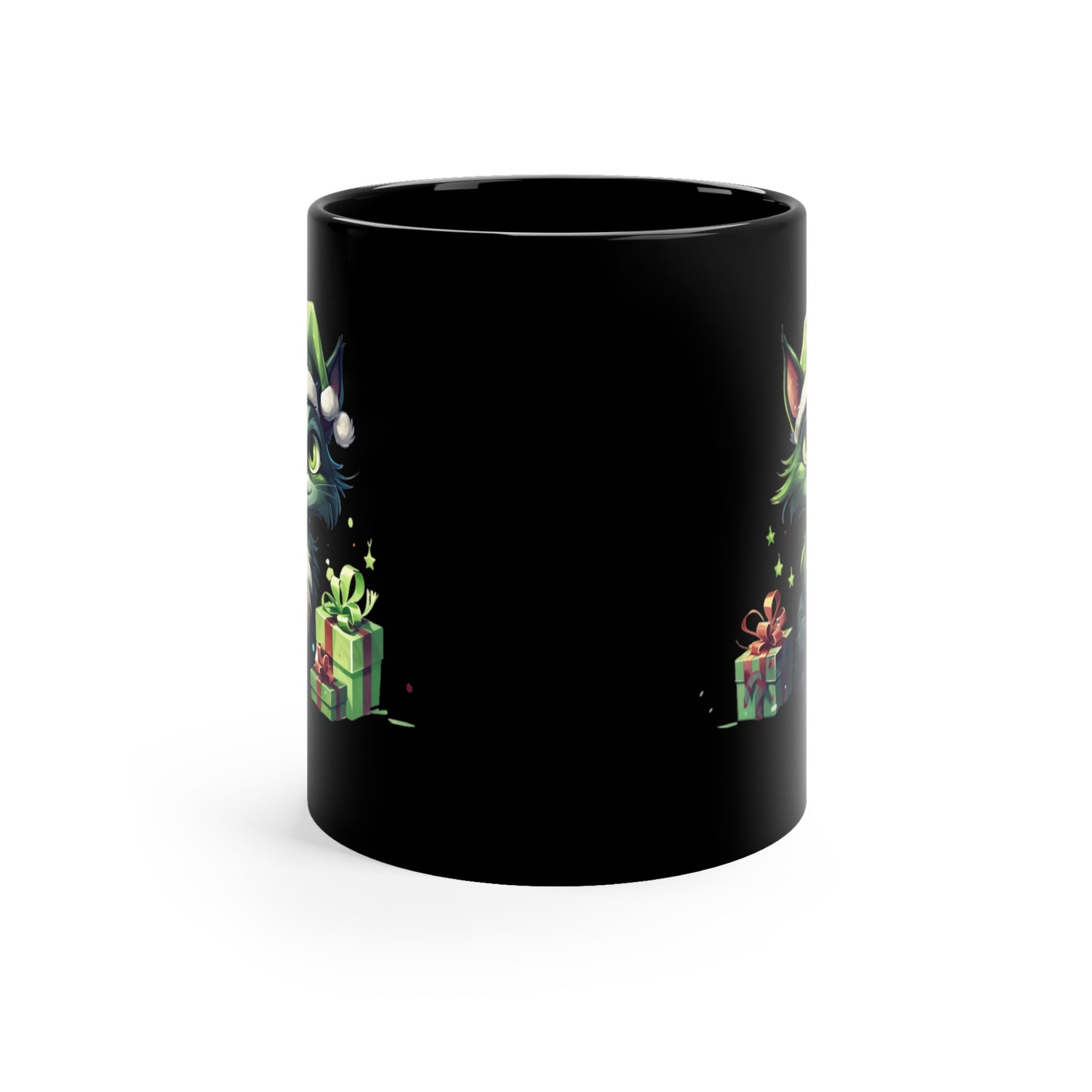 Green Christmas Cat 11oz Black Mug