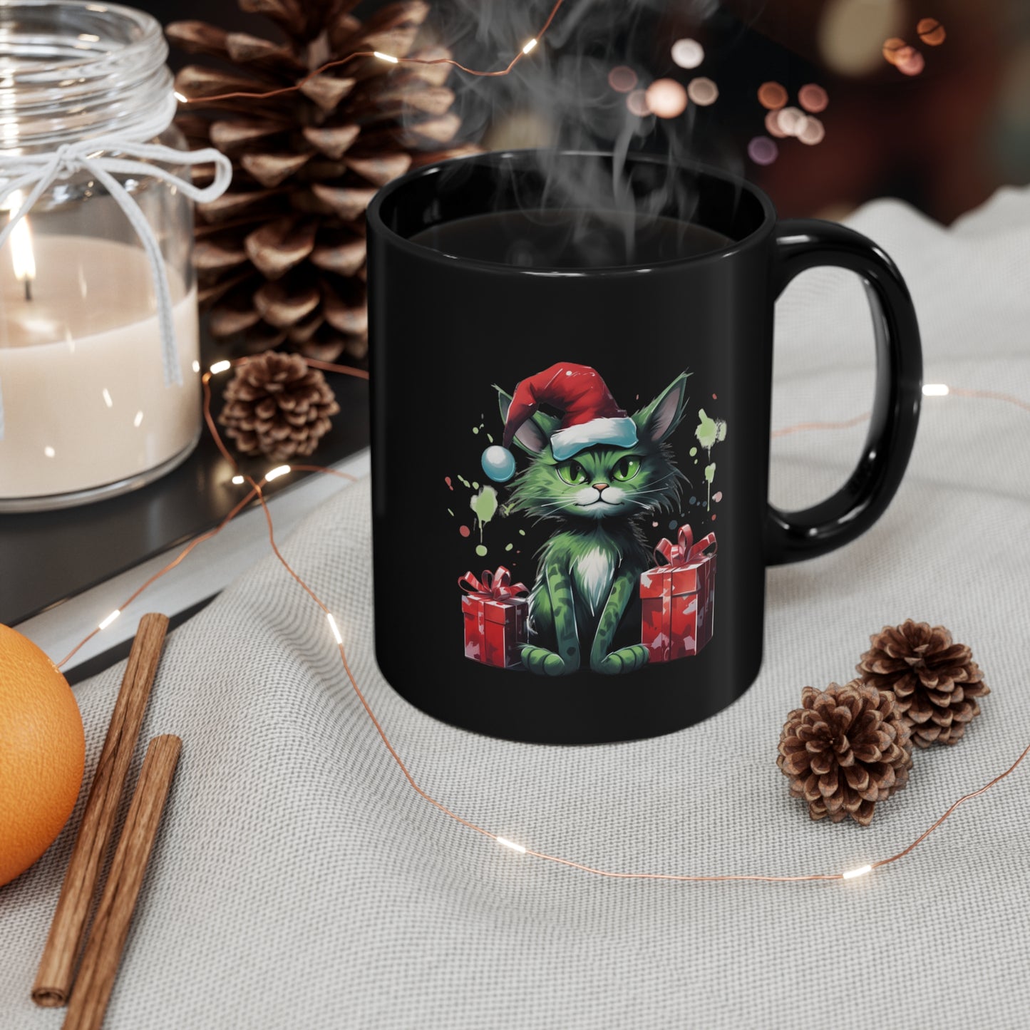 Green Christmas Cat 11oz Black Mug