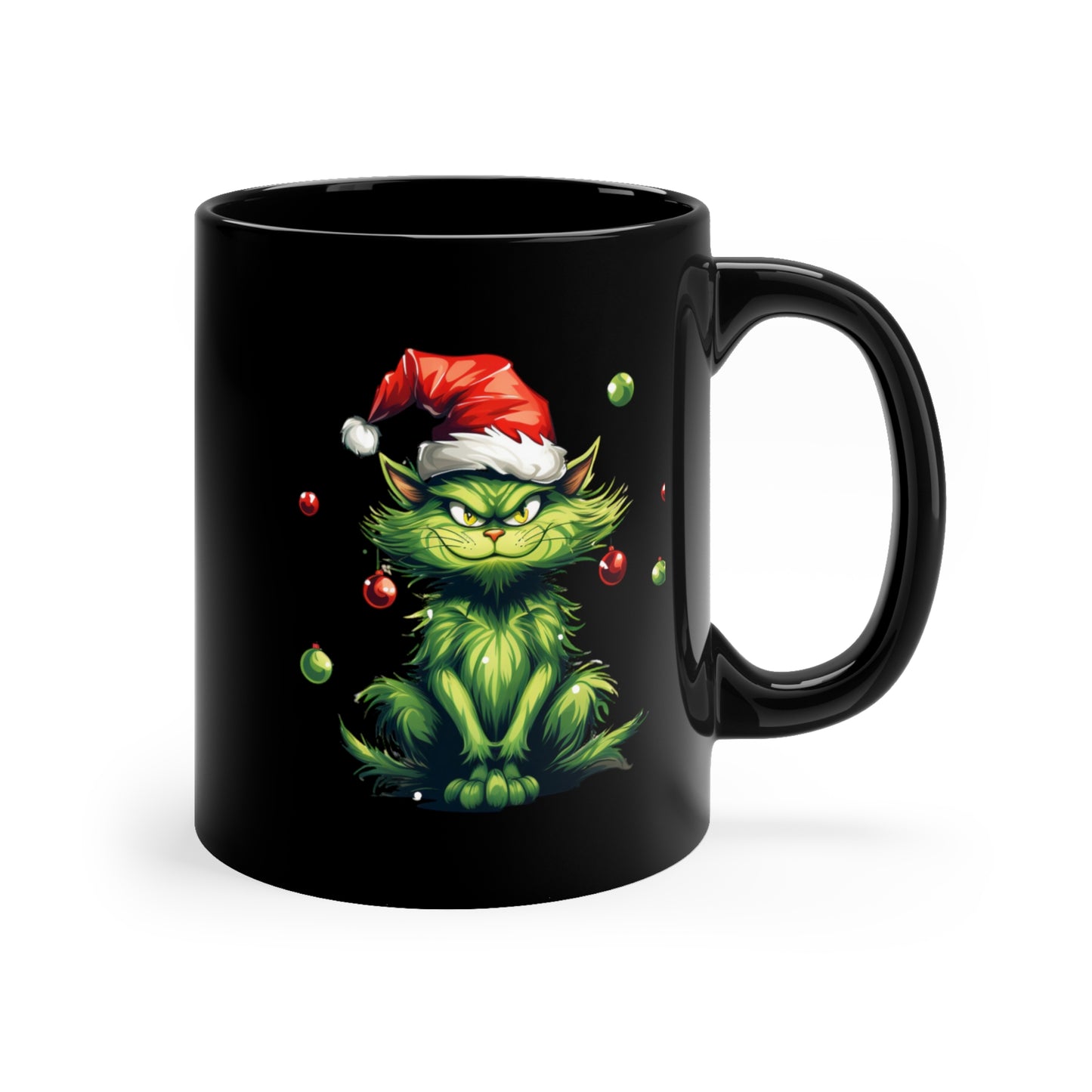Green Christmas Cat 11oz Black Mug