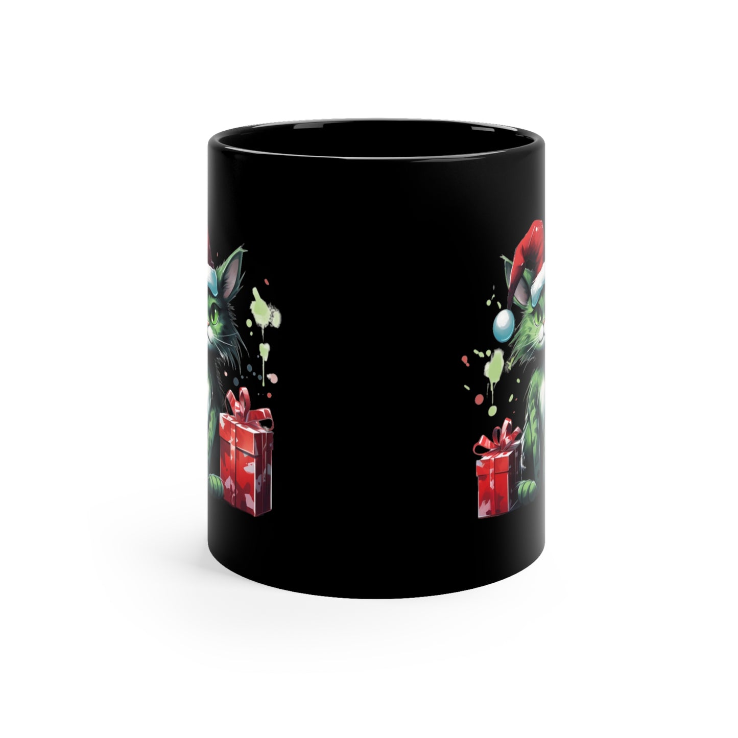 Green Christmas Cat 11oz Black Mug