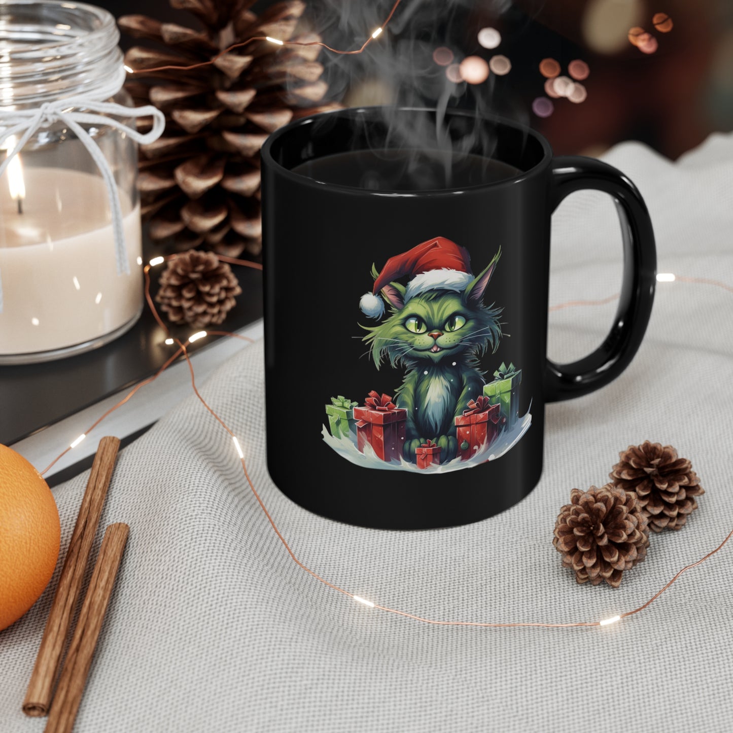 Green Christmas Cat 11oz Black Mug