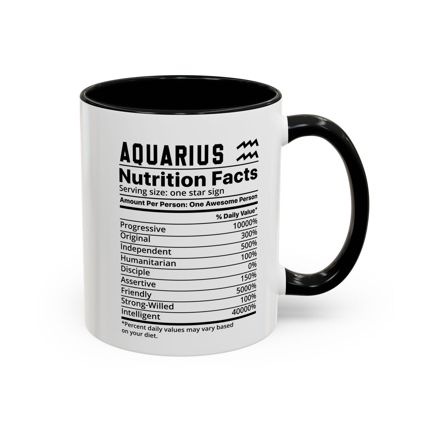 Aquarius Star Sign Nutrition Facts White Black Accent Ceramic Mugs 11oz, Zodiac, Astrology, Celestial, coffee mug, tea cup, joke, funny, humorous, fun