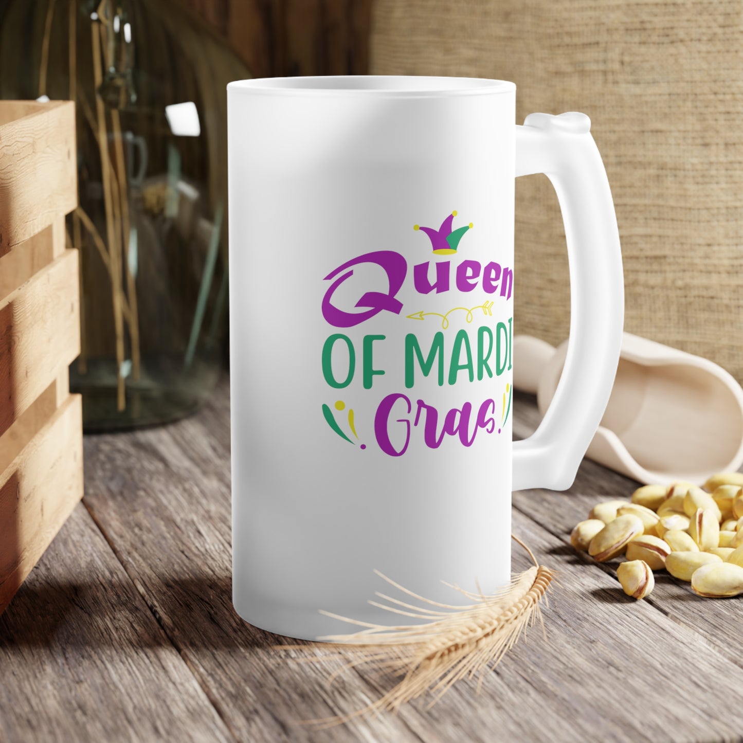 Queen Of Mardi Gras Frosted Glass Beer Mug