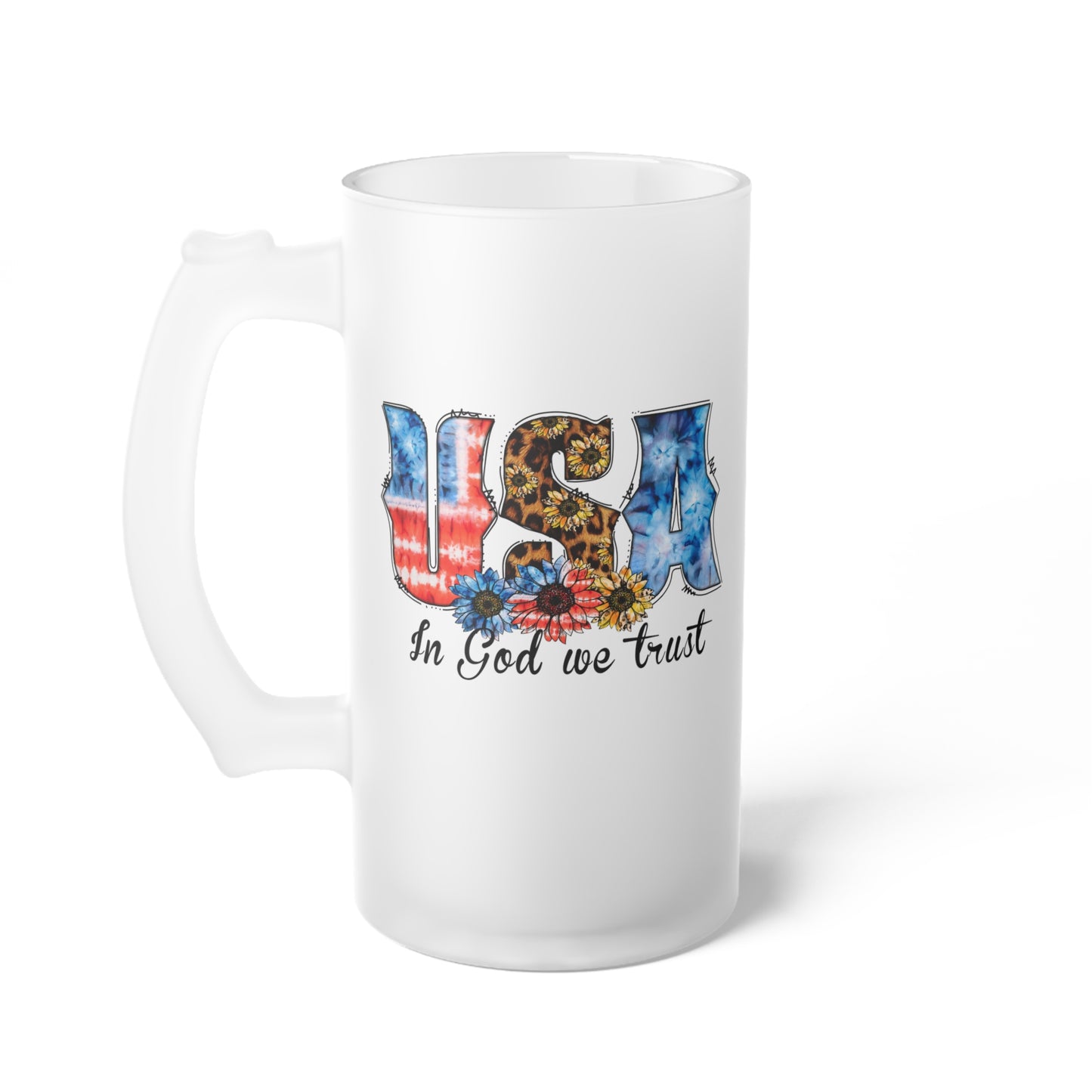 USA In God We Trust Frosted Glass Beer Mug