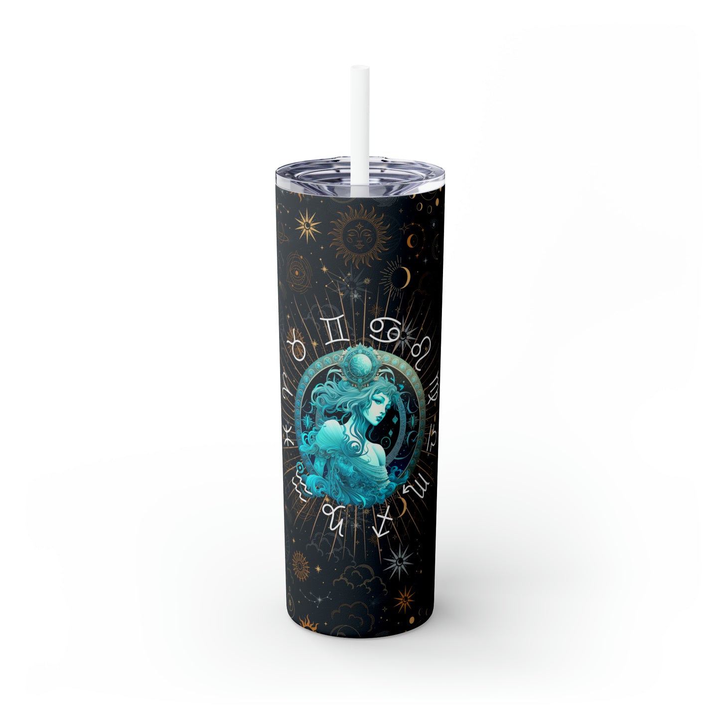 Aquarius Zodiac Skinny Tumbler with Straw Astrology Insulated Mug Bridesmaids Gift Bachelorette Party Favor Birthday Gift
