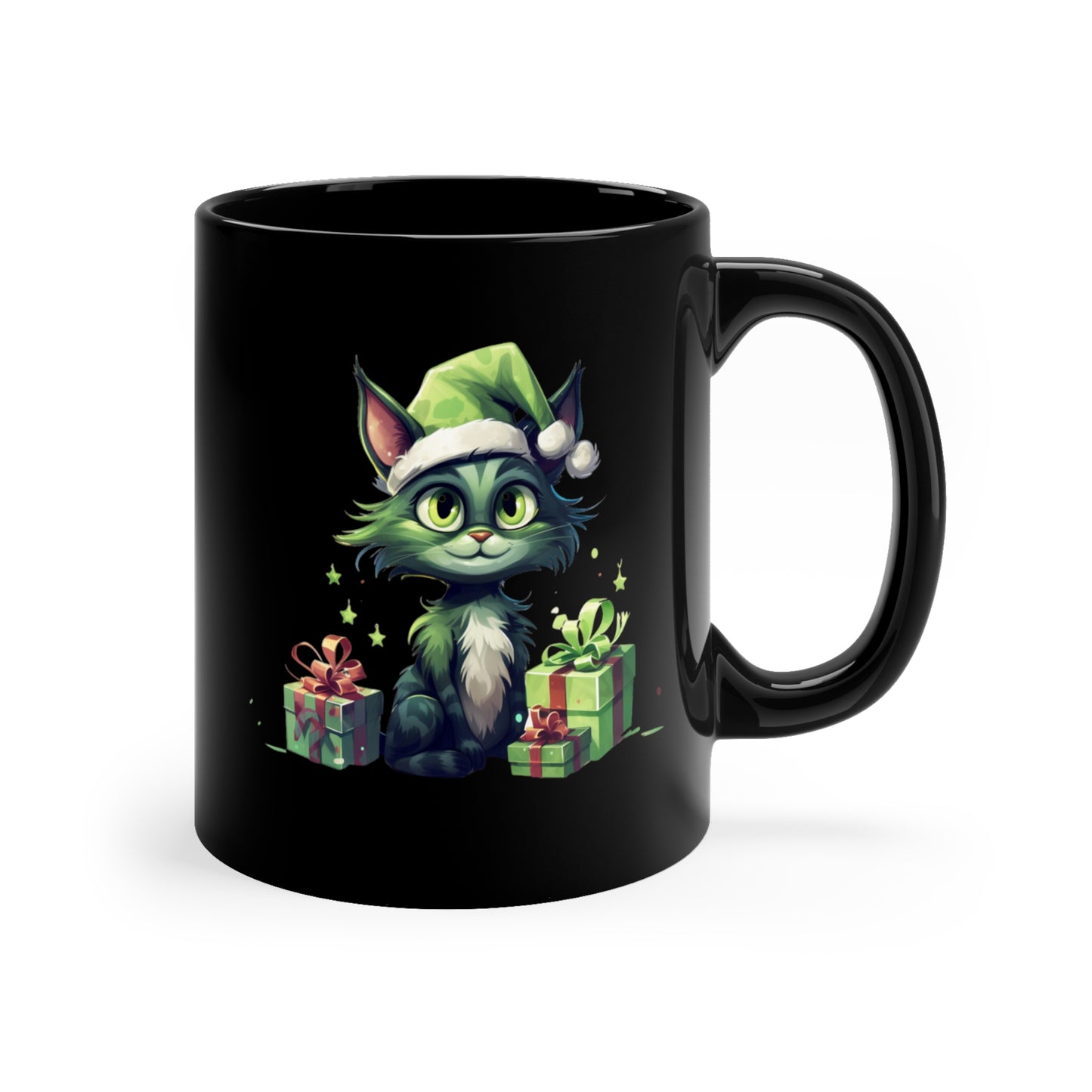 Green Christmas Cat 11oz Black Mug