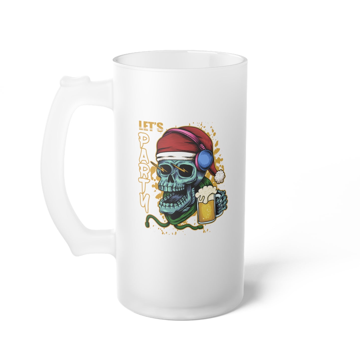 Let's Party Skull Santa Frosted Glass Beer Mug