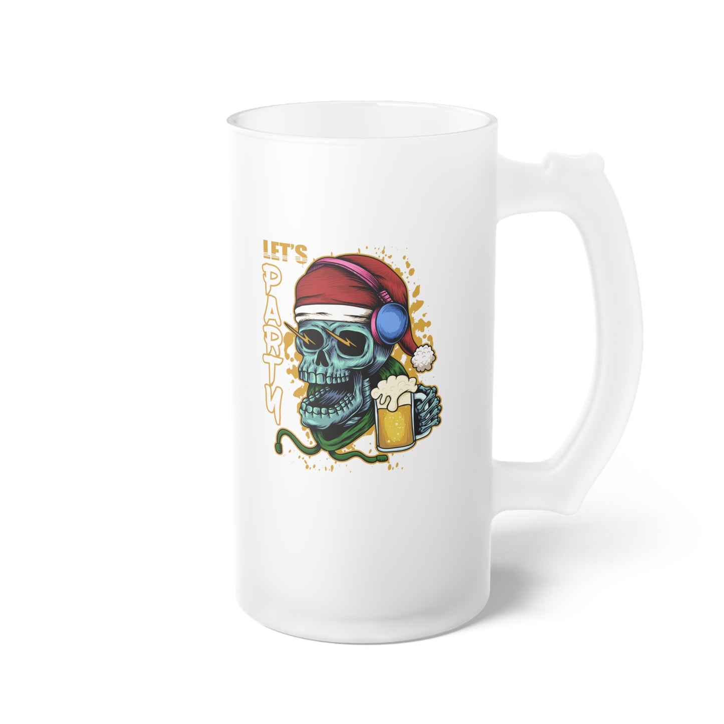 Let's Party Skull Santa Frosted Glass Beer Mug