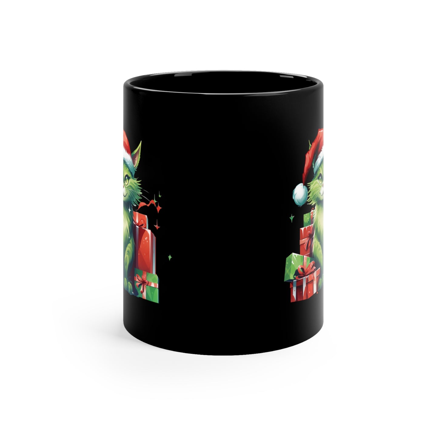 Green Christmas Cat 11oz Black Mug