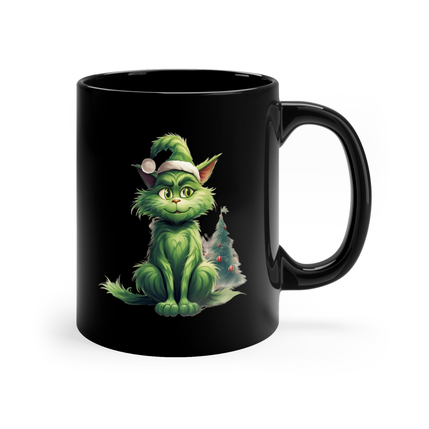 Green Christmas Cat 11oz Black Mug