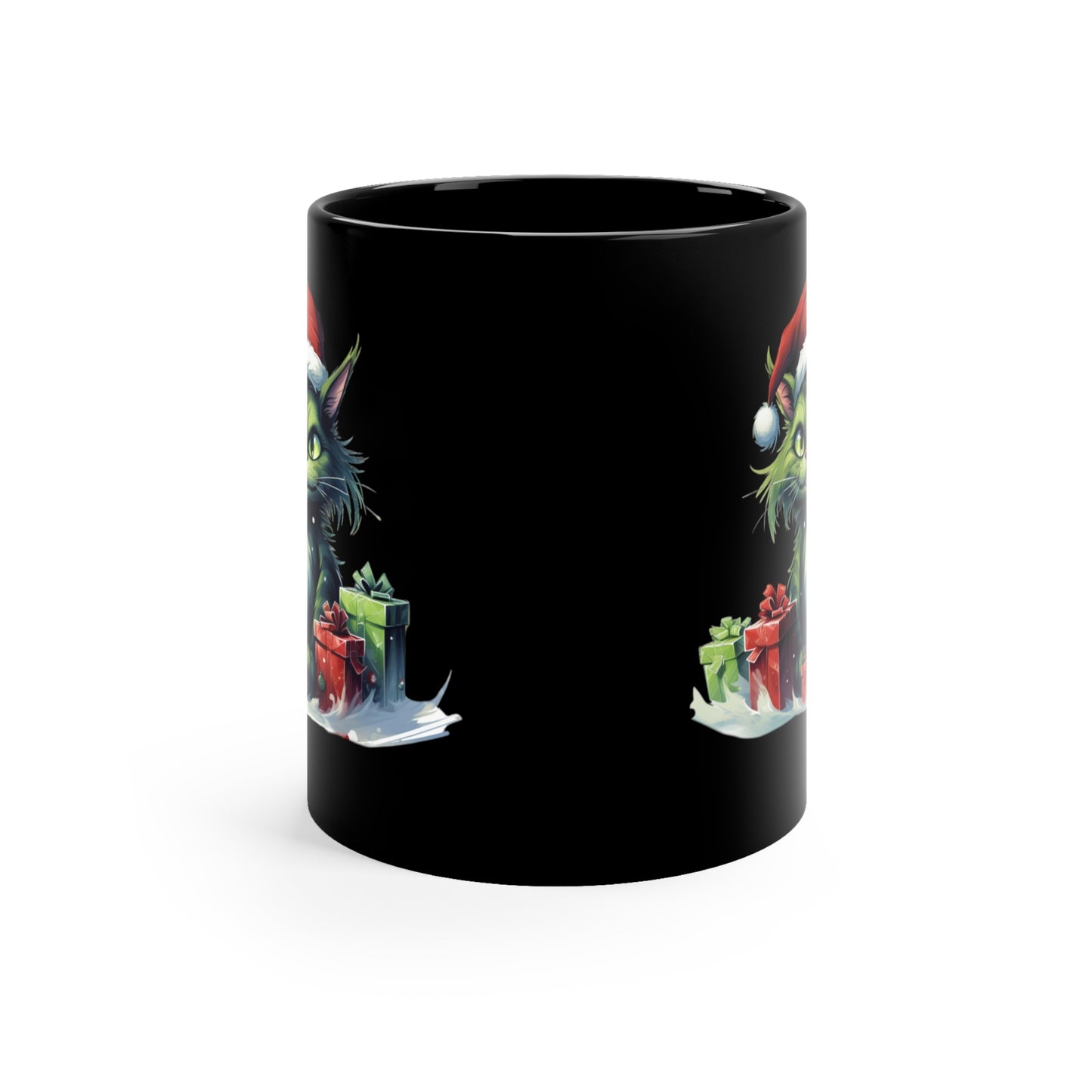 Green Christmas Cat 11oz Black Mug