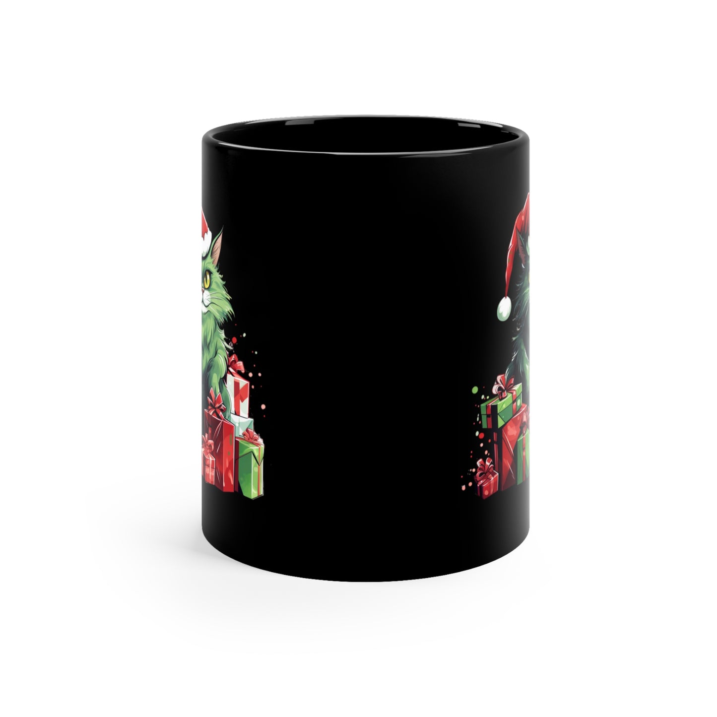 Green Christmas Cat 11oz Black Mug