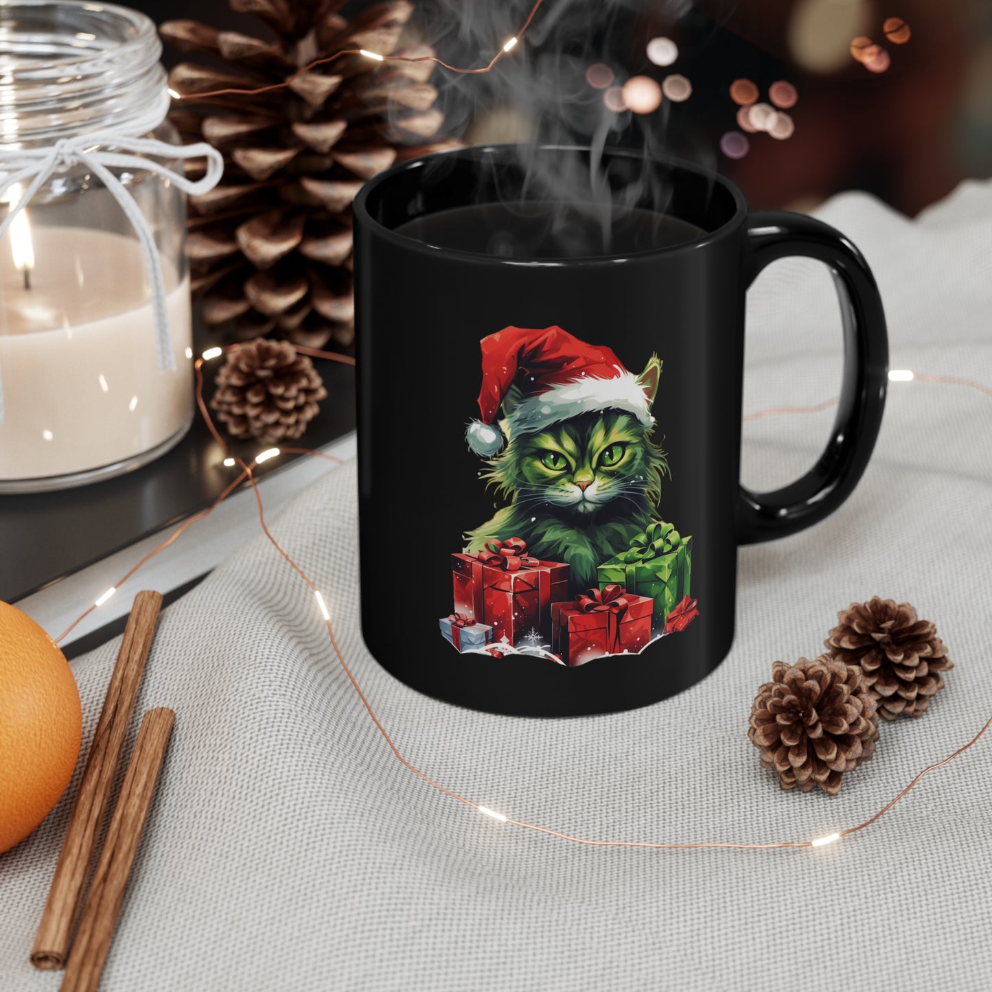 Green Christmas Cat 11oz Black Mug