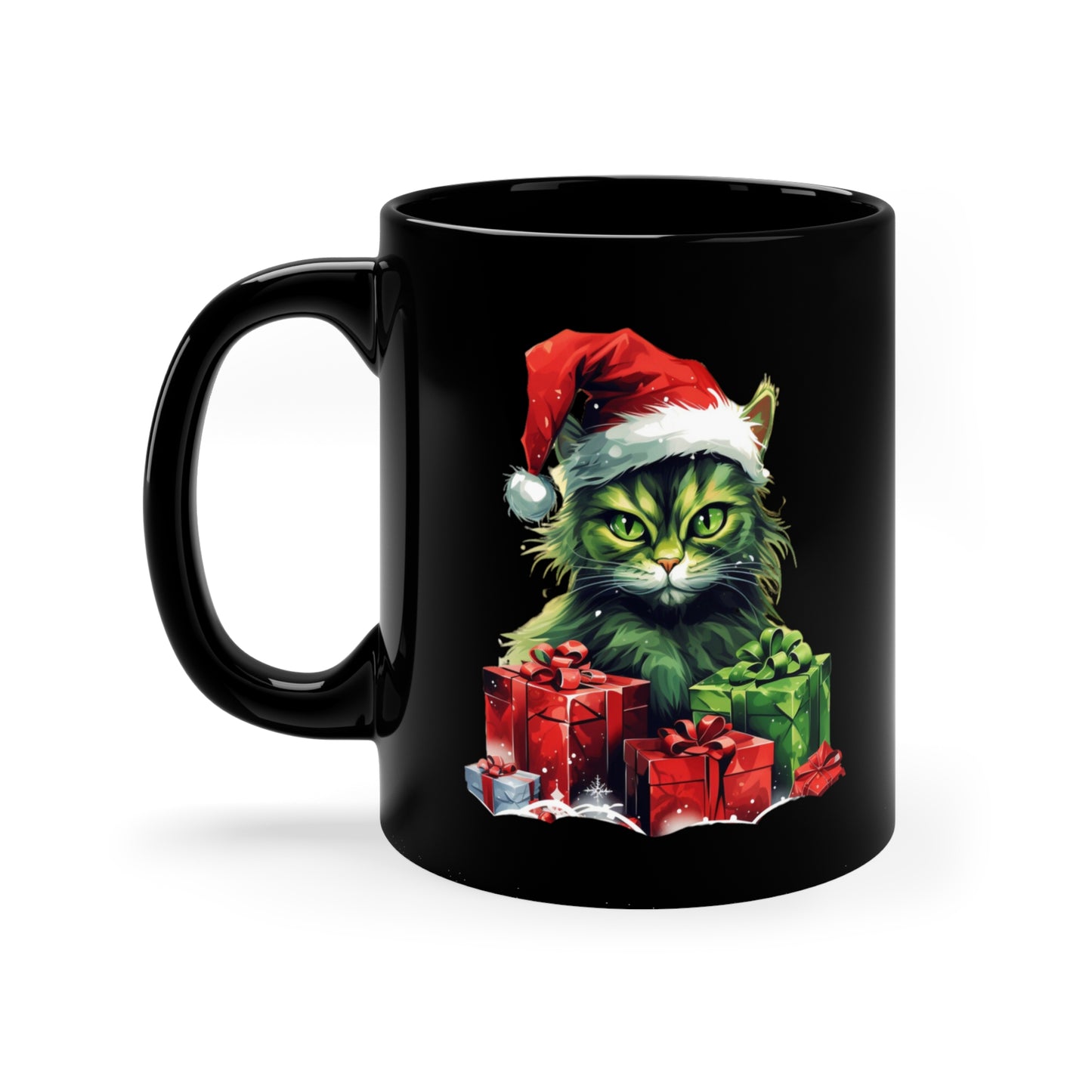 Green Christmas Cat 11oz Black Mug