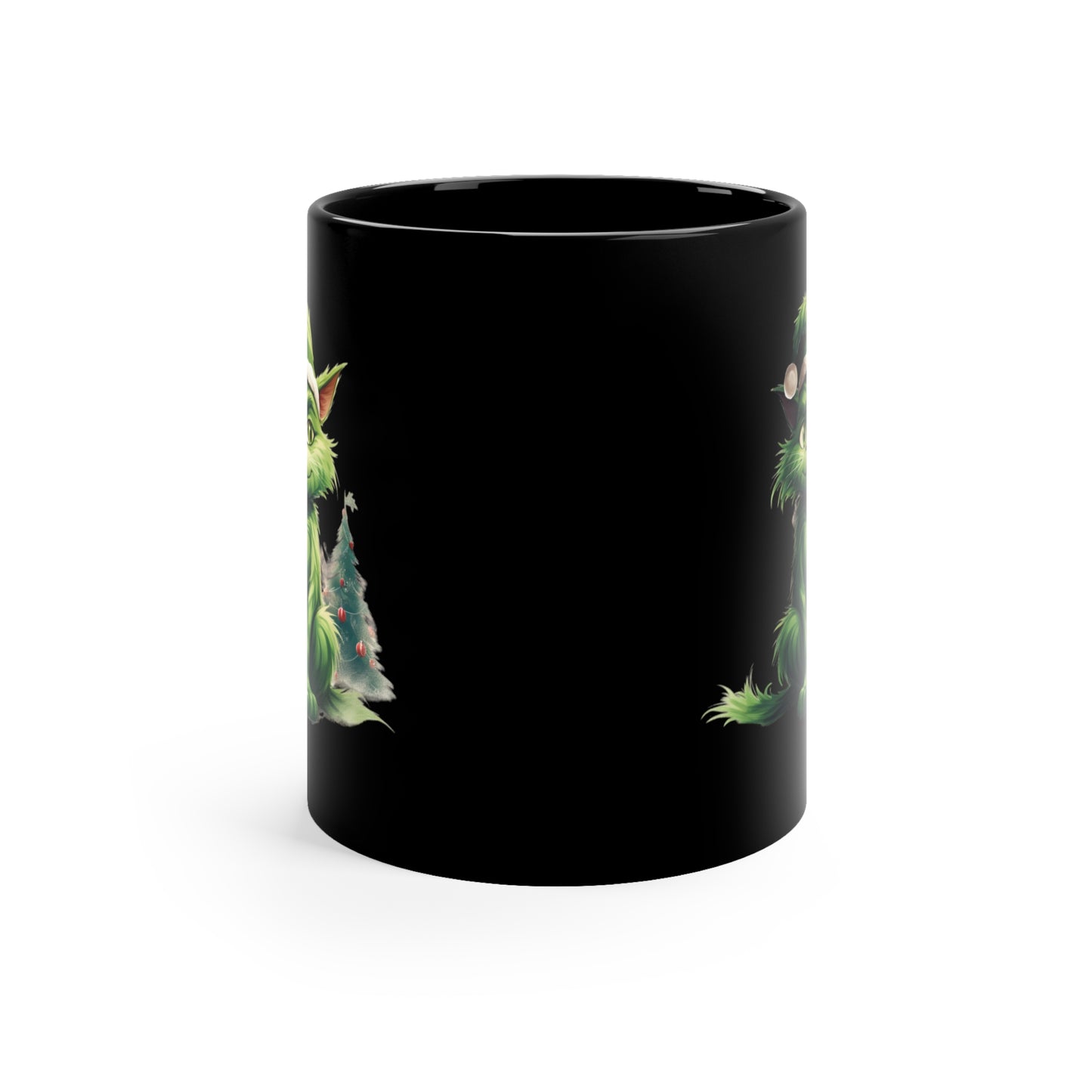 Green Christmas Cat 11oz Black Mug