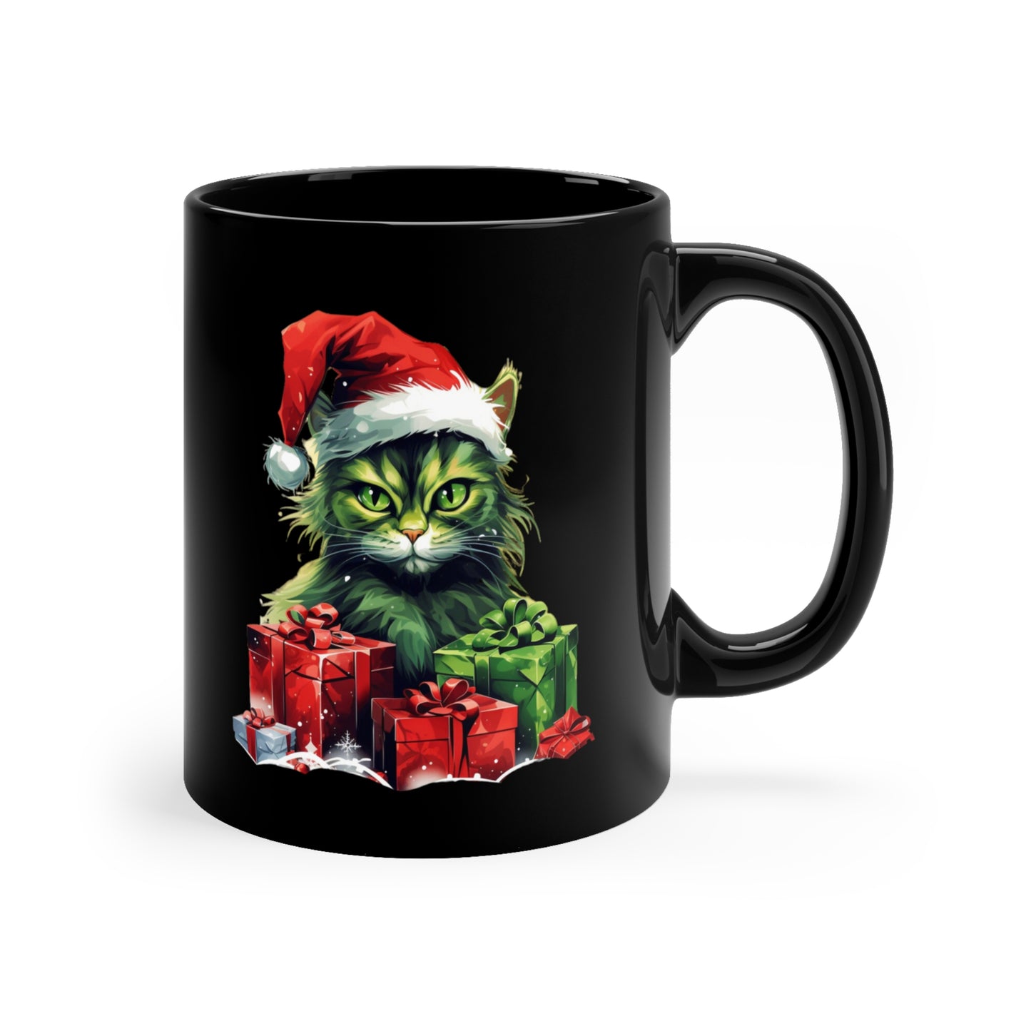 Green Christmas Cat 11oz Black Mug