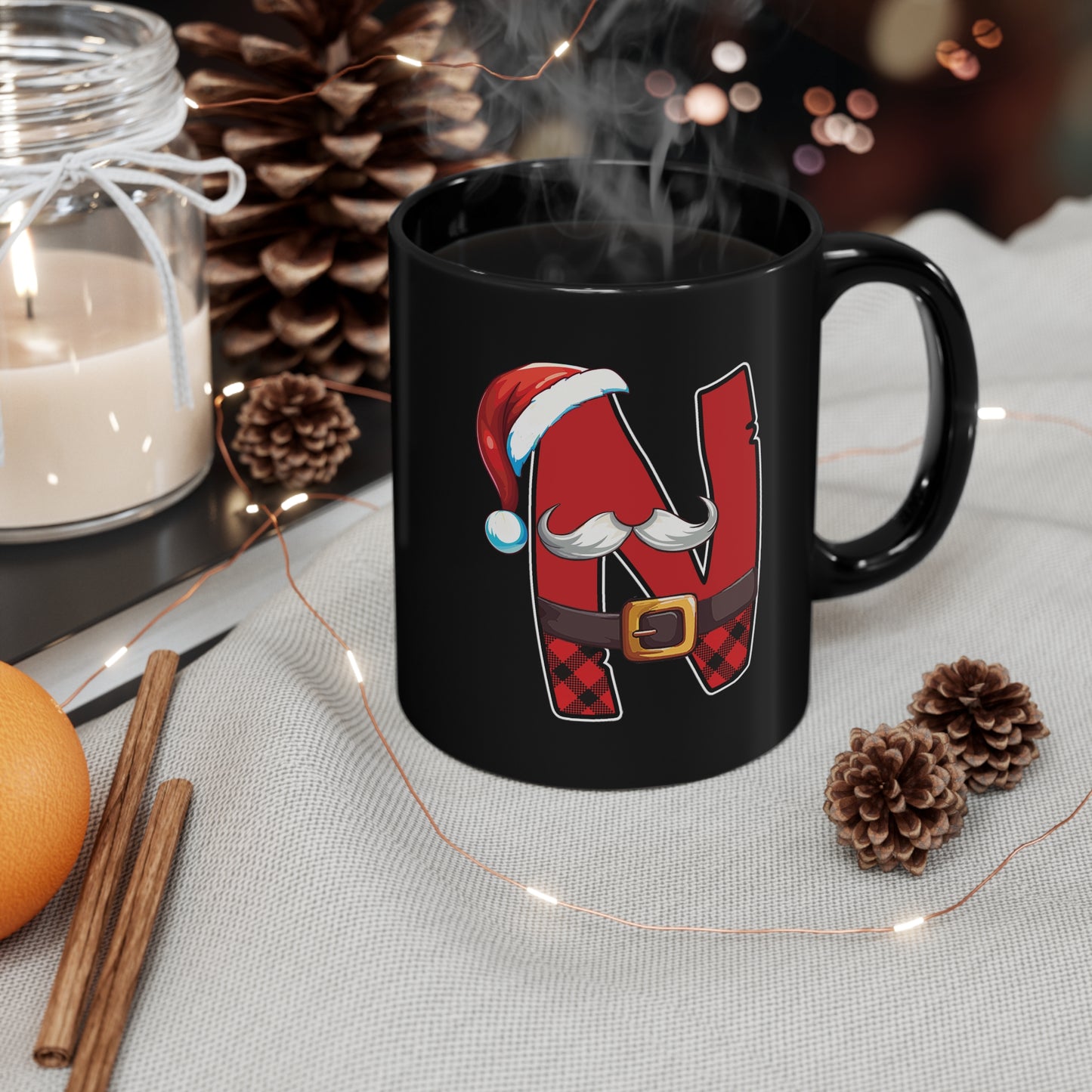 N Santa Initial 11oz Black Mug
