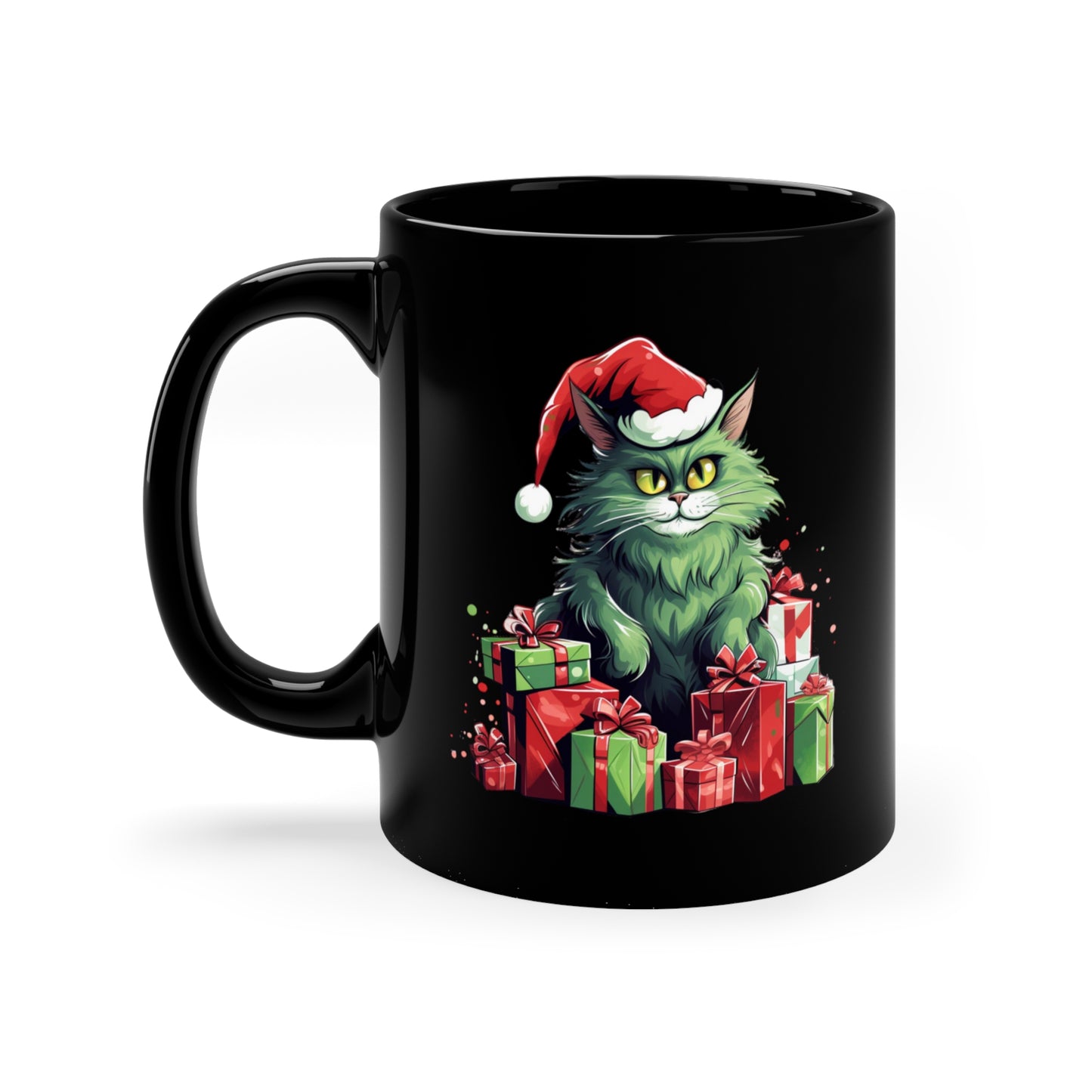 Green Christmas Cat 11oz Black Mug