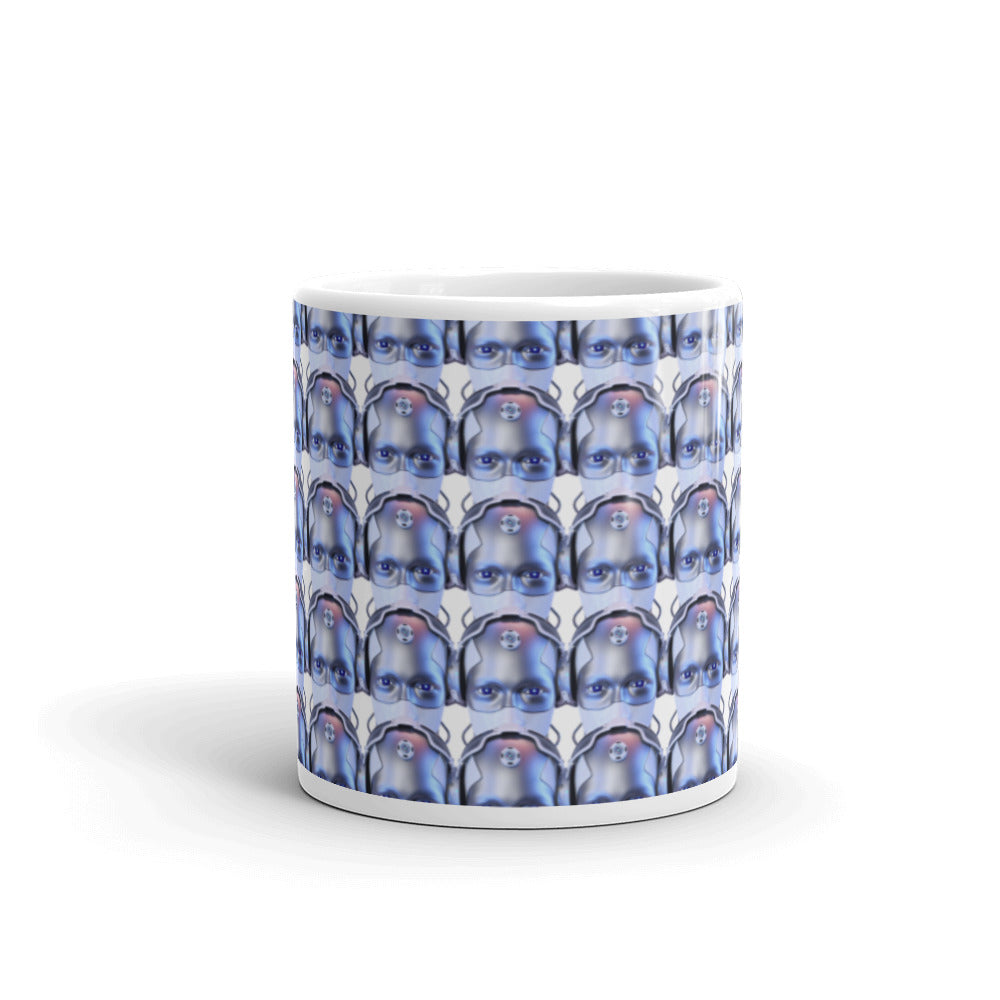Robotic Head in Purple Pattern - White glossy mug - Science Fiction Day