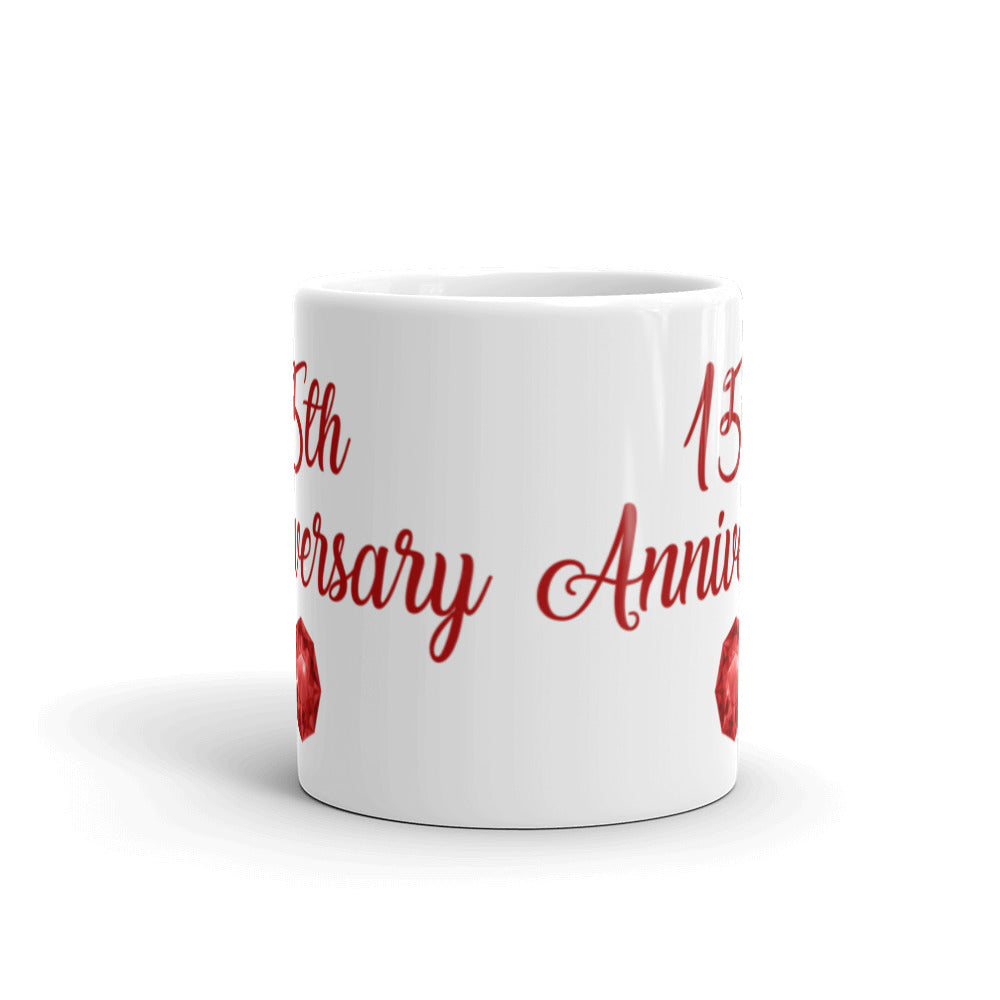 15th Anniversary in Ruby & White - White glossy mug