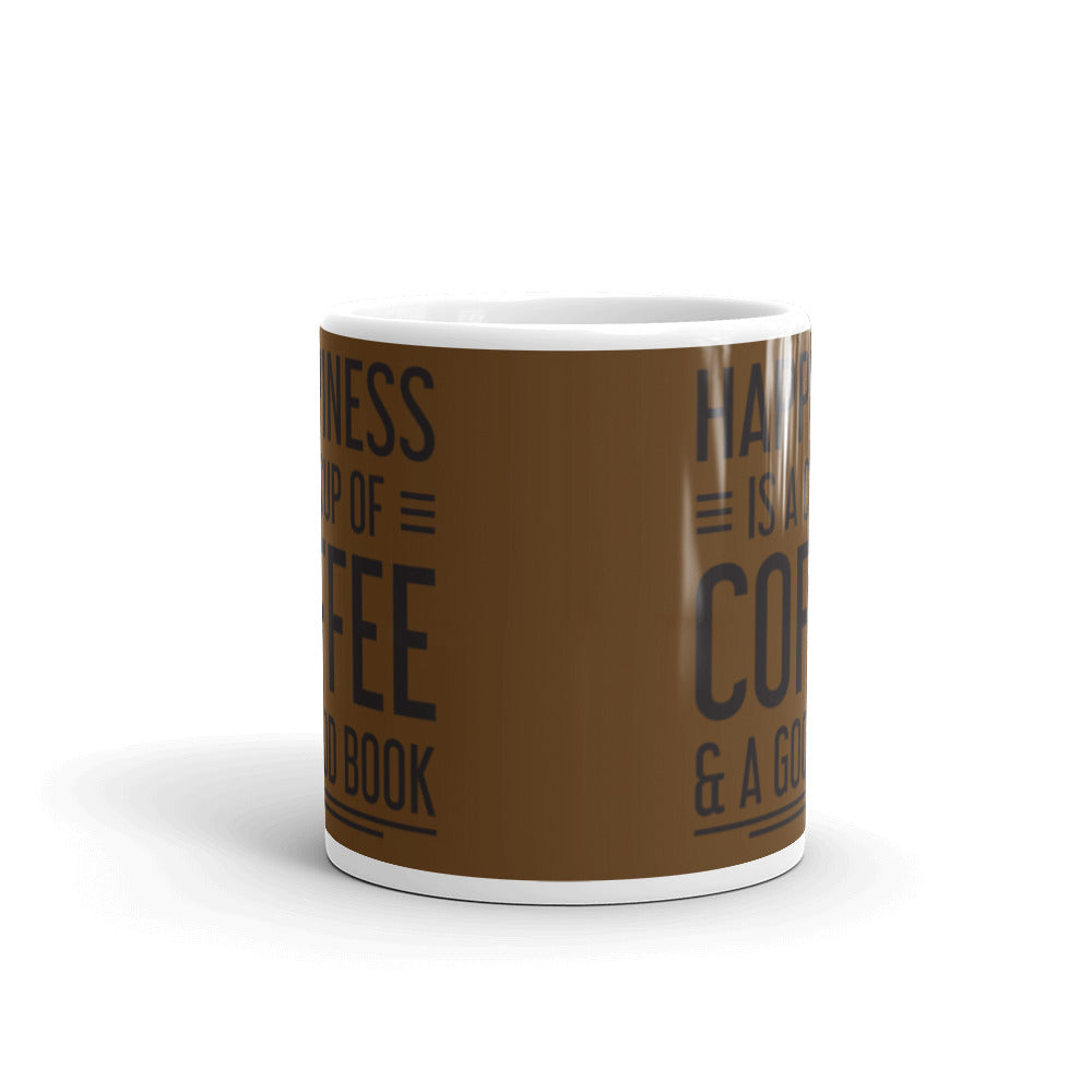 Happiness is a Cup of Coffee & A Good Book (Brown)  - White glossy mug