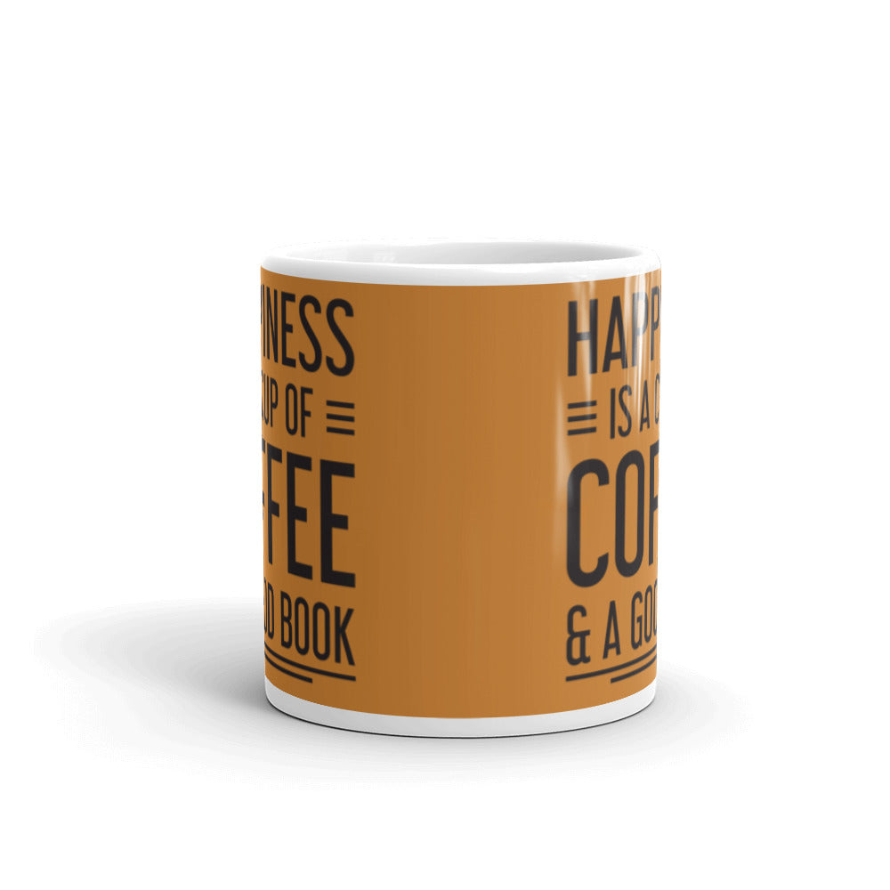 Happiness is a Cup of Coffee & A Good Book (Bronze)  - White glossy mug