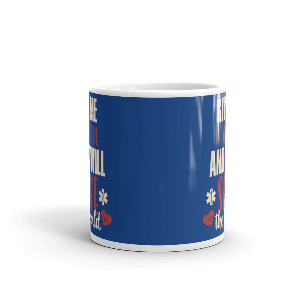 Give Me a Coffee and I will Save the Wold (Navy) White glossy mug
