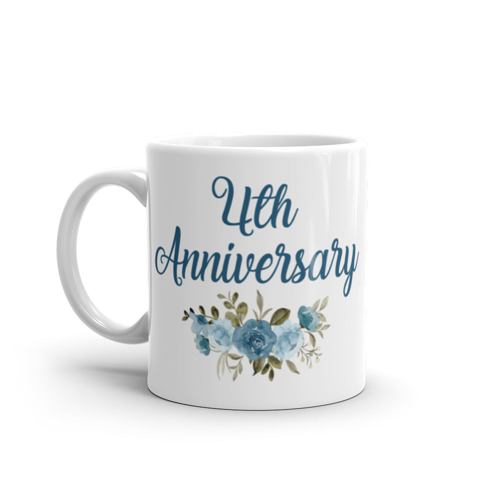 4th Anniversary in White with Flowers - White glossy mug