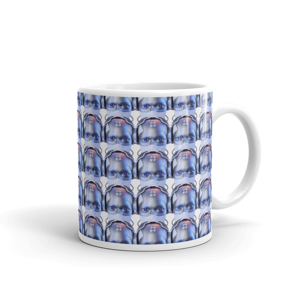 Robotic Head in Purple Pattern - White glossy mug - Science Fiction Day