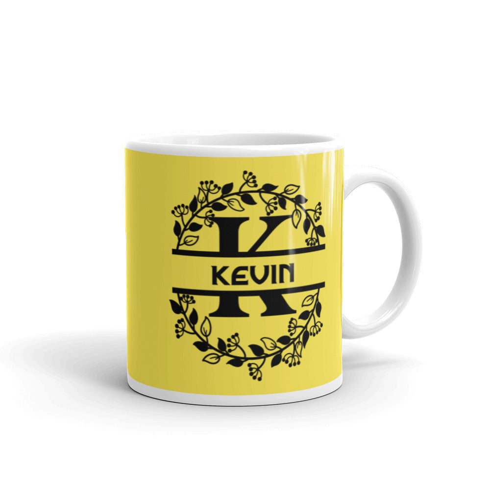 Kevin - Yellow & Black Personalised on White glossy mug