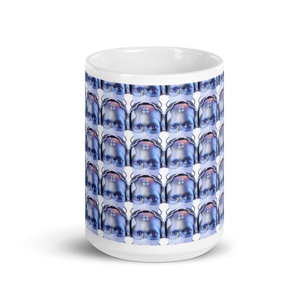 Robotic Head in Purple Pattern - White glossy mug - Science Fiction Day