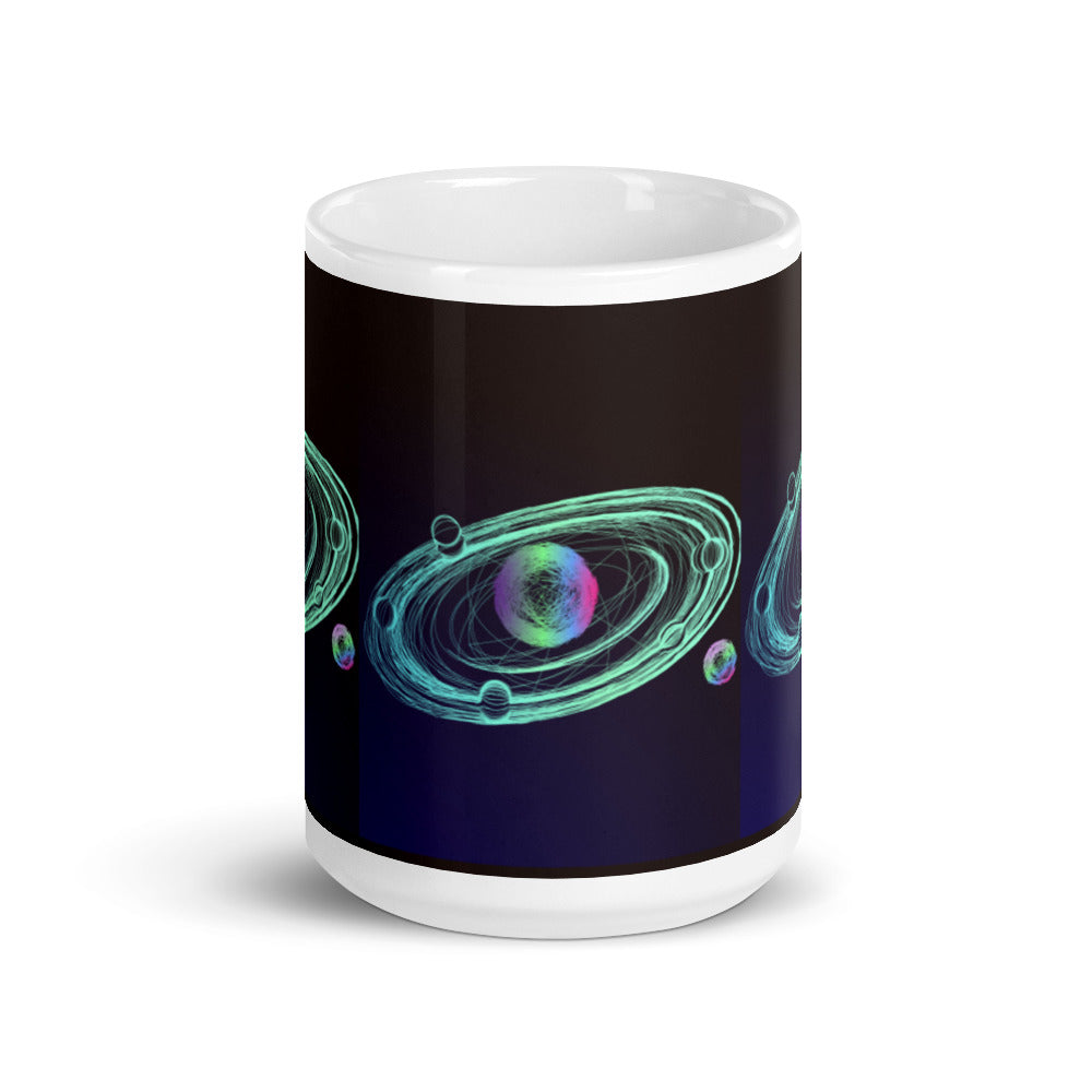 Orbiting Planets in Luminant Colours - White glossy mug - Science Fiction Day