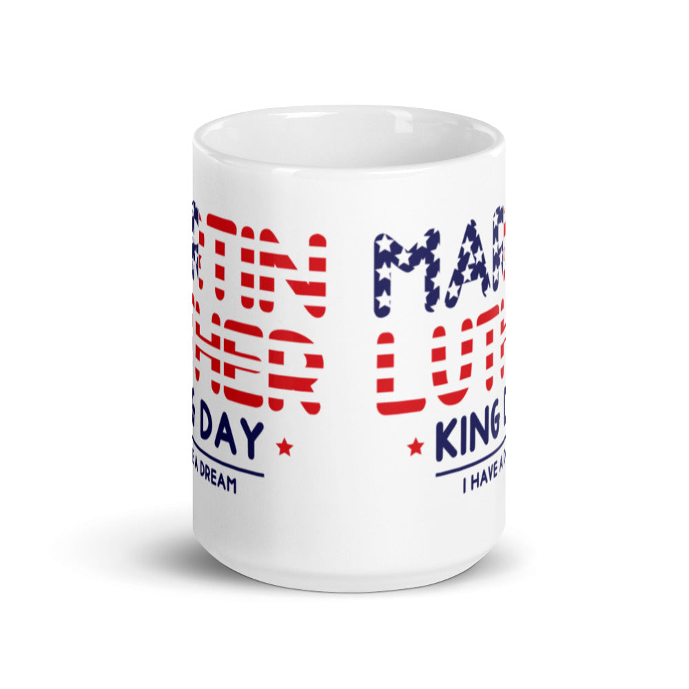 Martin Luther King Day - MLK in Flag -White glossy mug