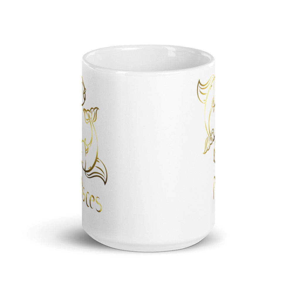 Pisces Zodiac Sign in White & Gold - White glossy mug