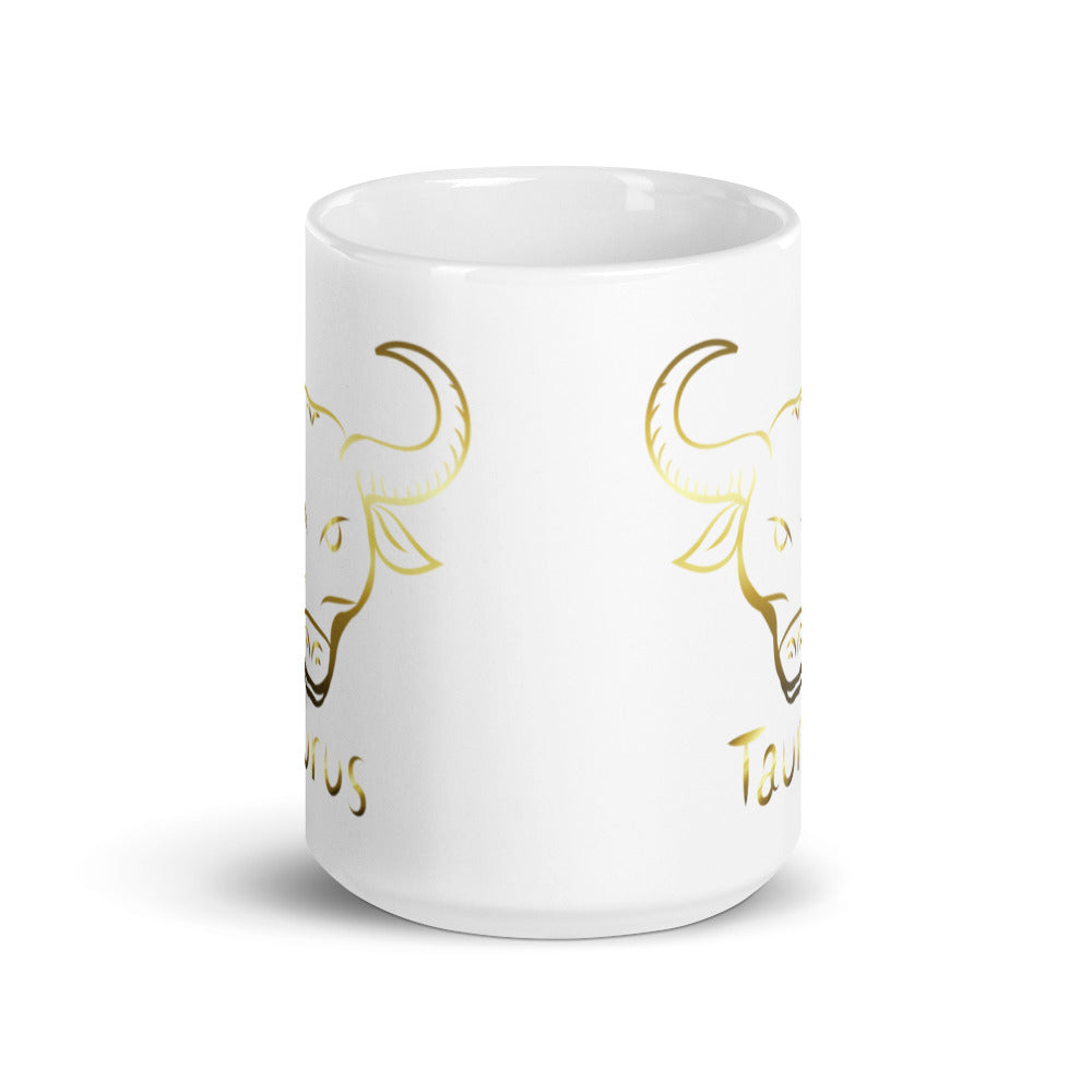 Taurus Zodiac Sign in White & Gold - White glossy mug