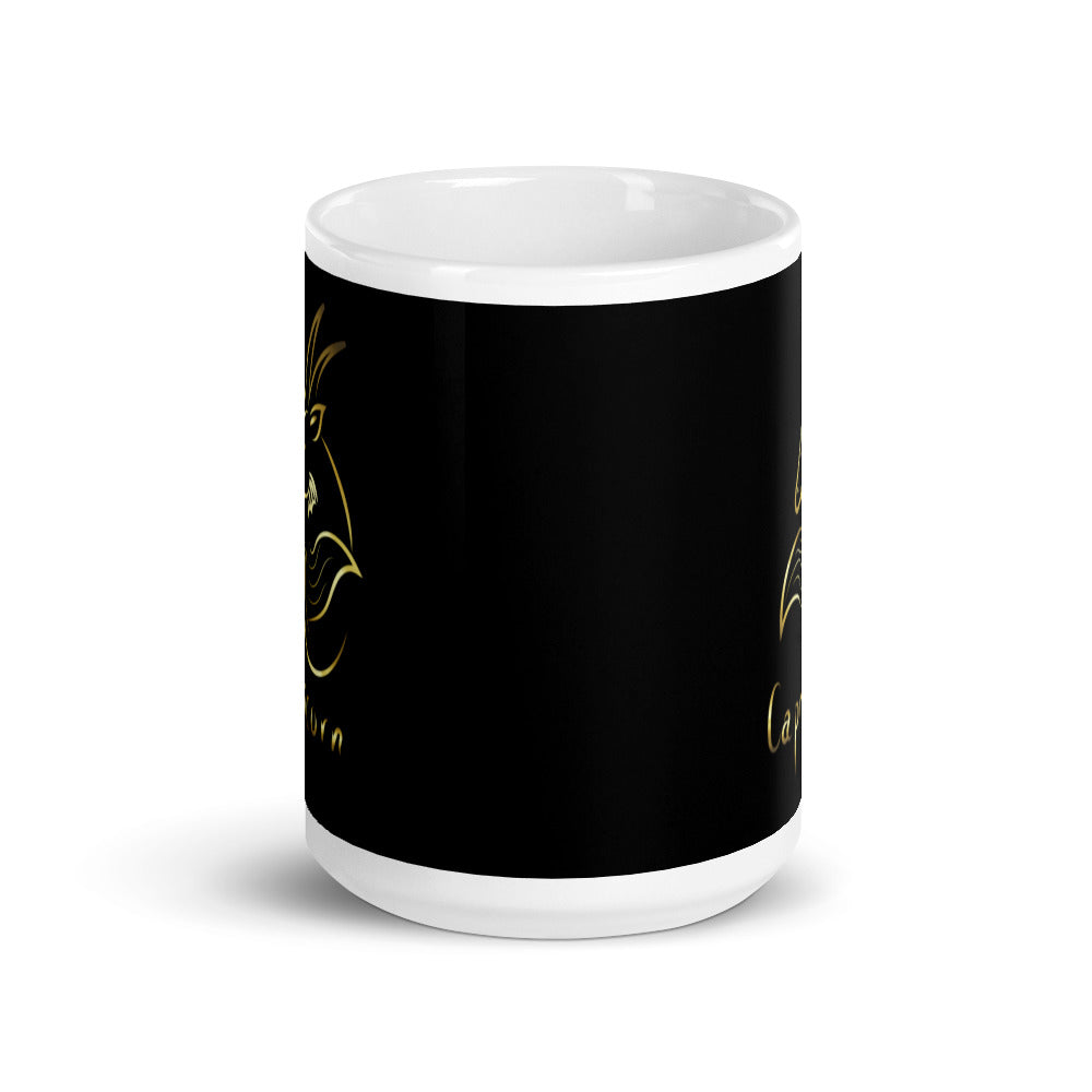 Capricorn Zodiac Sign in Black & Gold - White glossy mug
