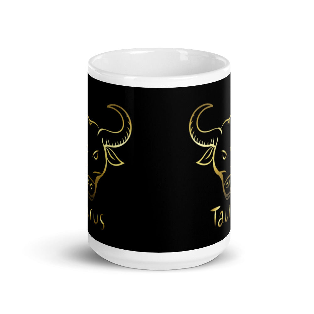 Taurus Zodiac Sign in Black & Gold - White glossy mug