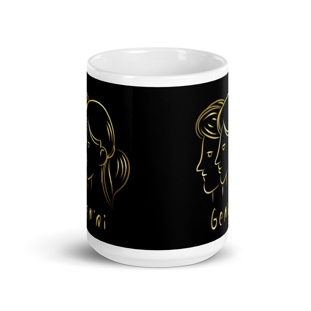 Gemini Zodiac Sign in Black & Gold - White glossy mug