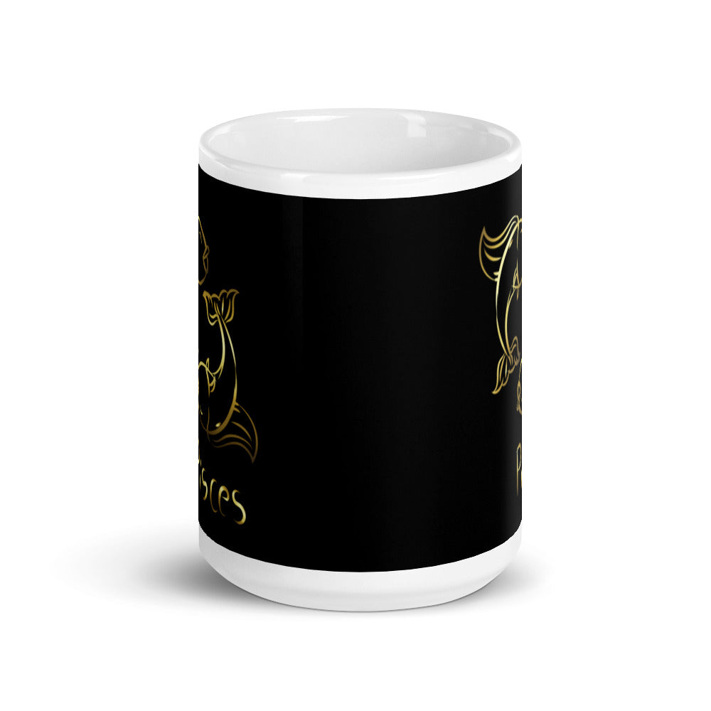 Pisces Zodiac Sign in Black & Gold - White glossy mug