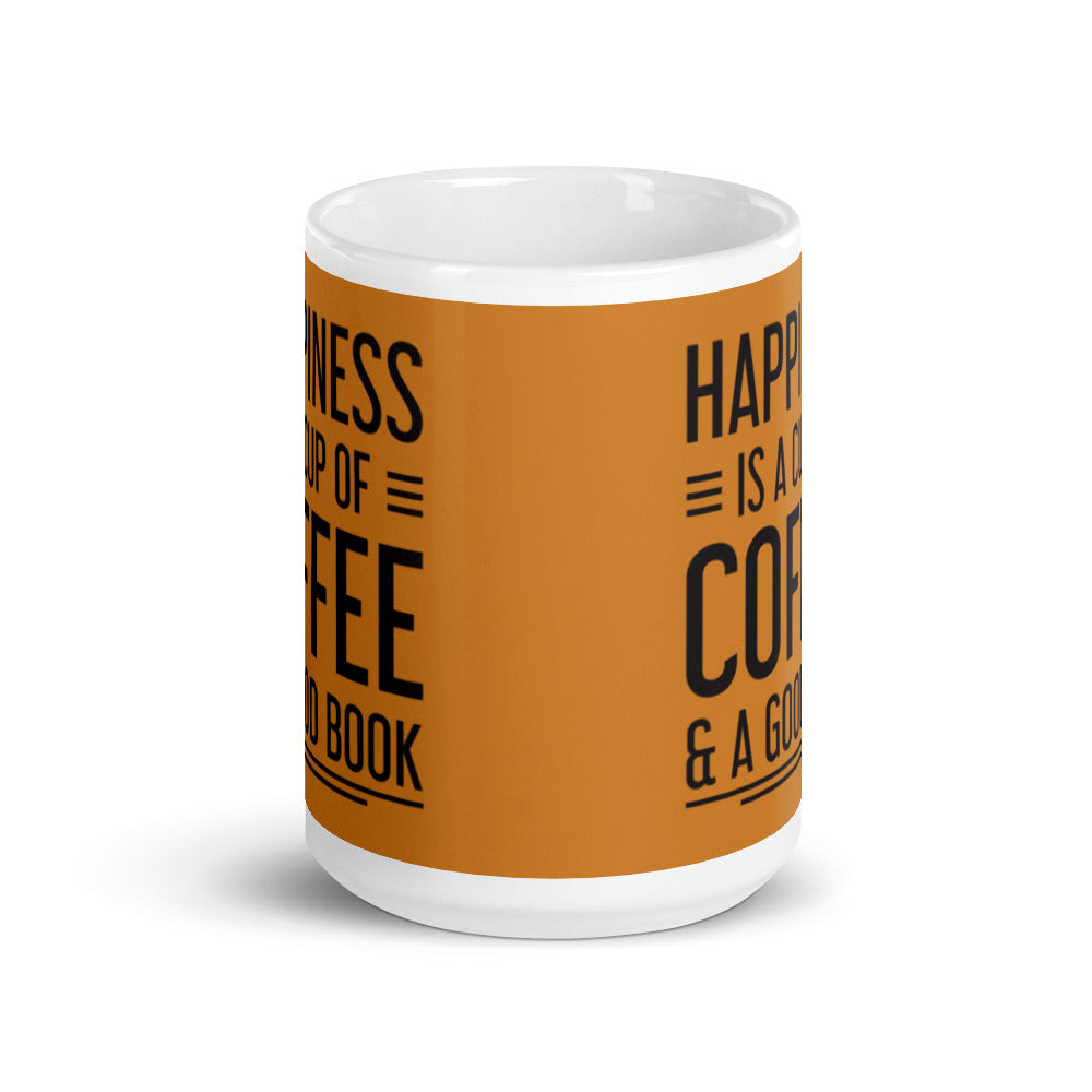 Happiness is a Cup of Coffee & A Good Book (Bronze)  - White glossy mug