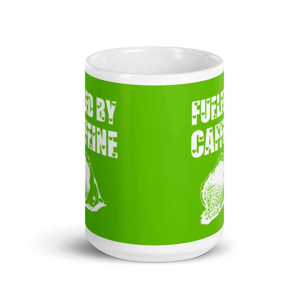 Fueled by Caffeine (Green) White glossy mug