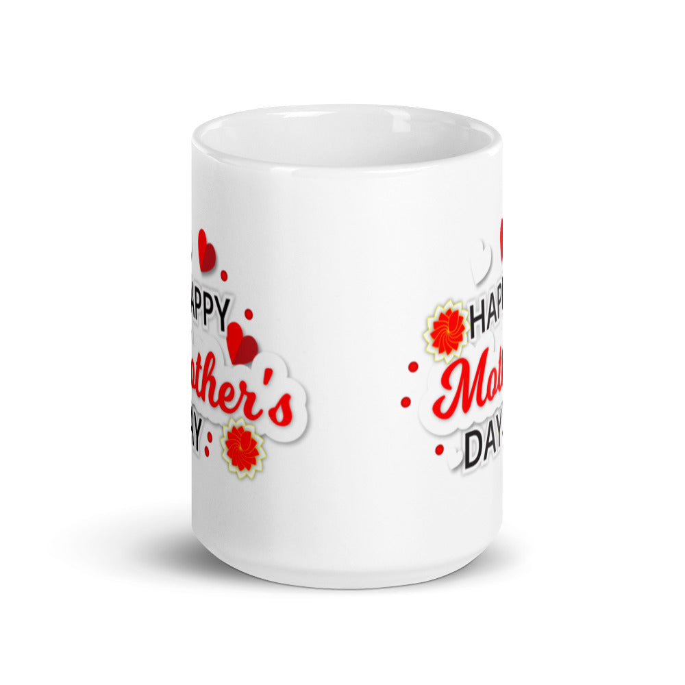 Happy Mothers Day with Red & White Hearts - White glossy mug