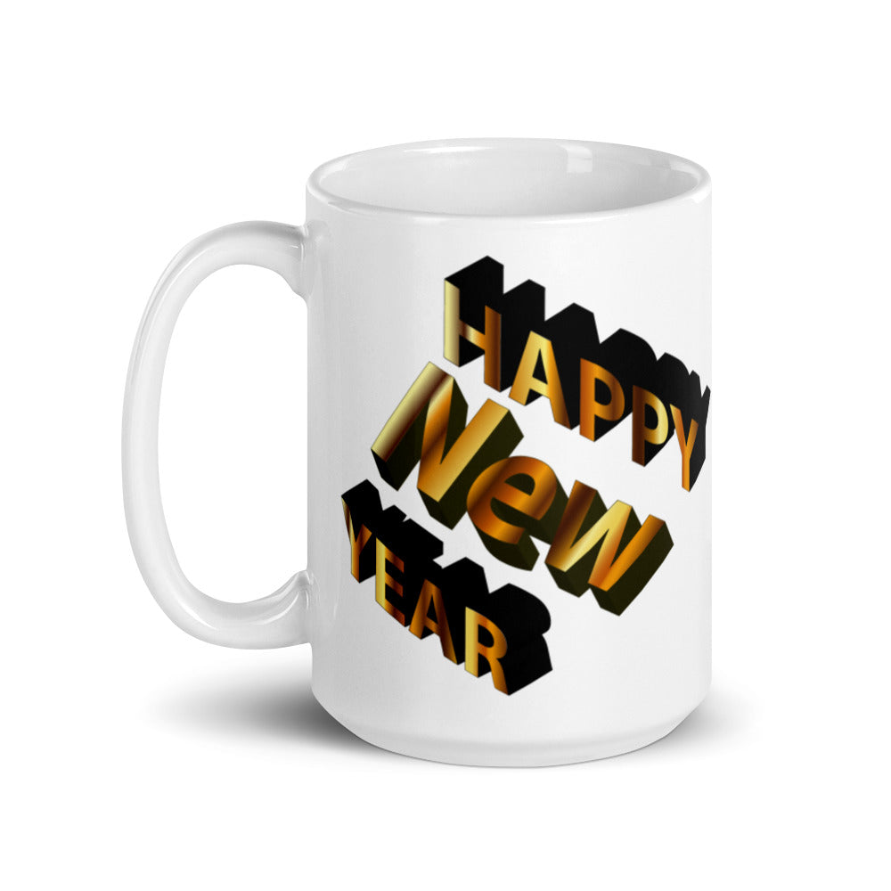 Happy New Year - White glossy mug - 3D Black & Gold