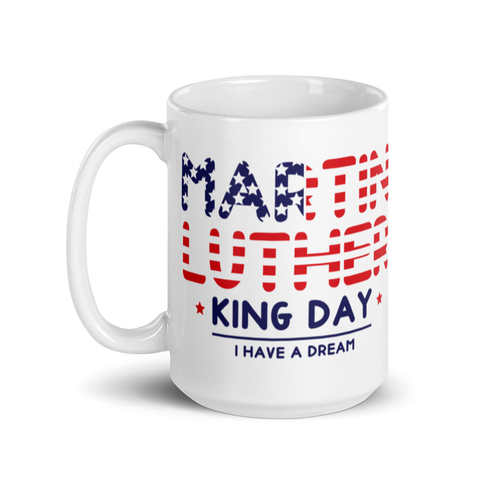 Martin Luther King Day - MLK in Flag -White glossy mug