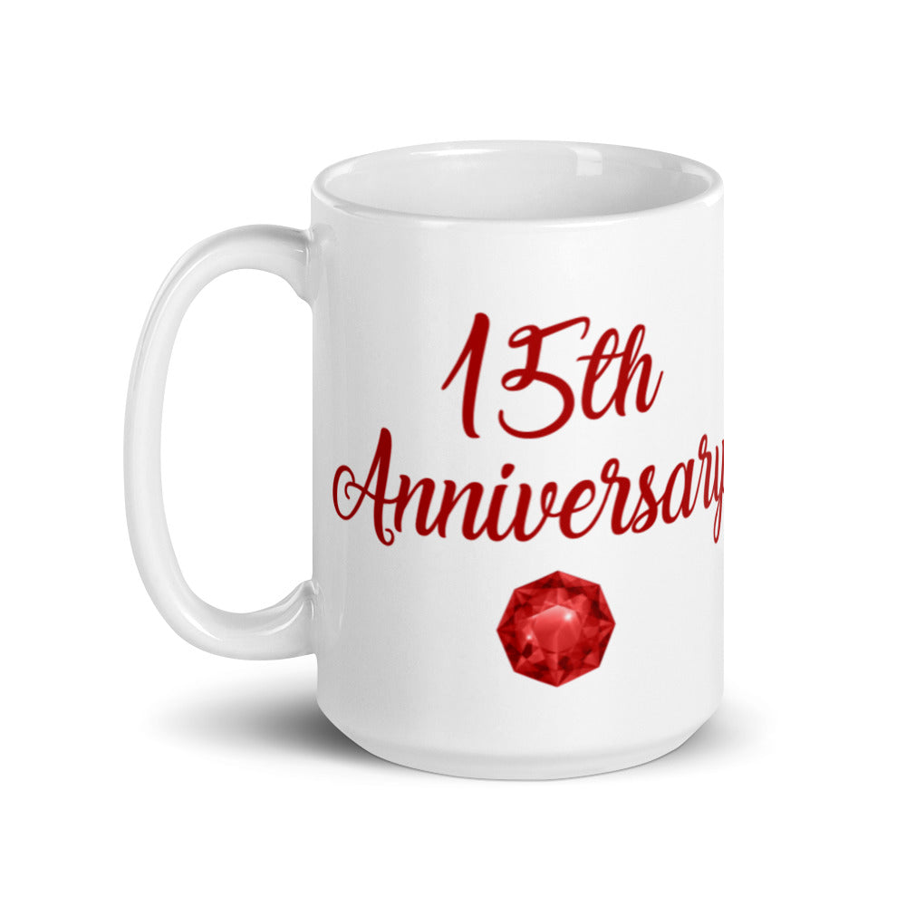 15th Anniversary in Ruby & White - White glossy mug