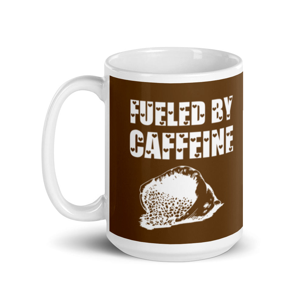 Fueled By Caffeine (Brown) White glossy mug