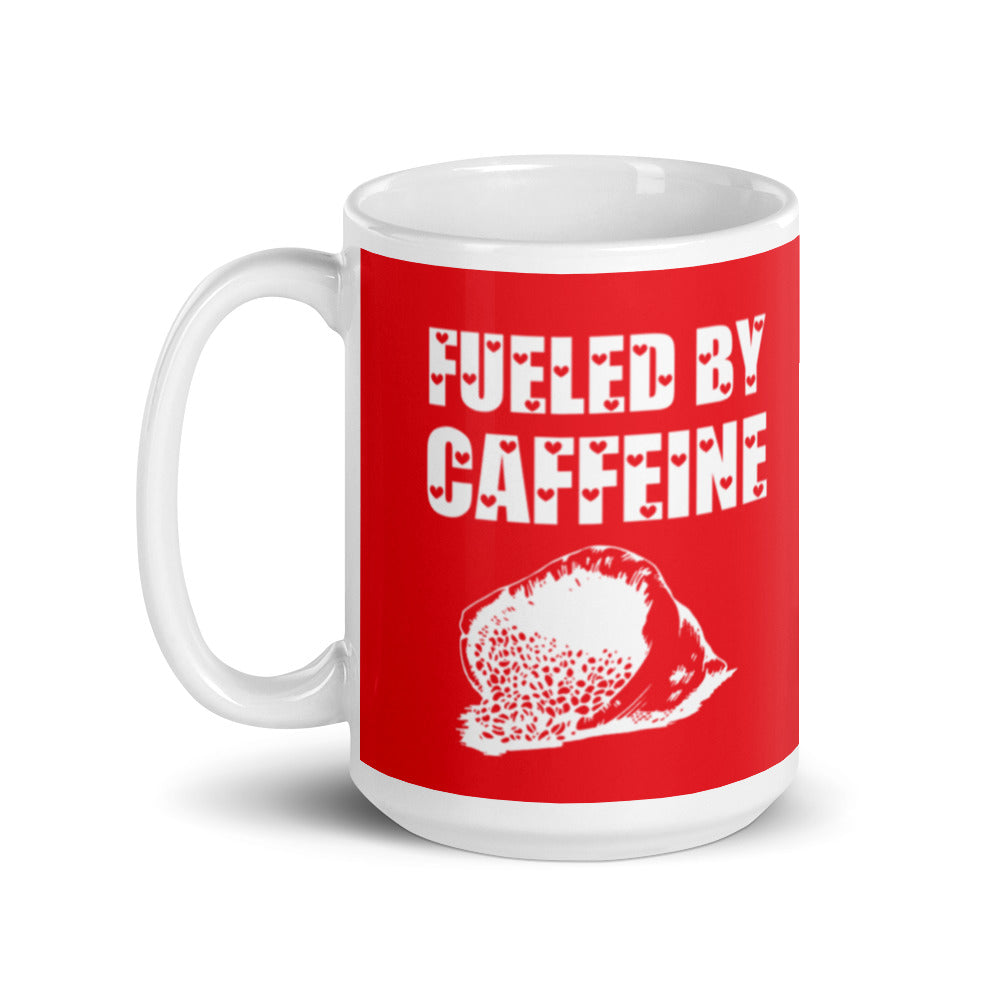 Fueled by Caffeine (Red) White glossy mug