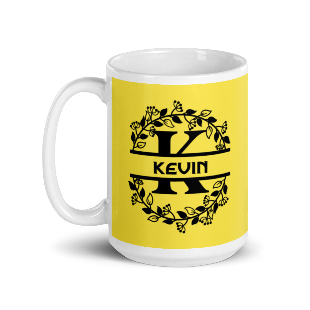 Kevin - Yellow & Black Personalised on White glossy mug