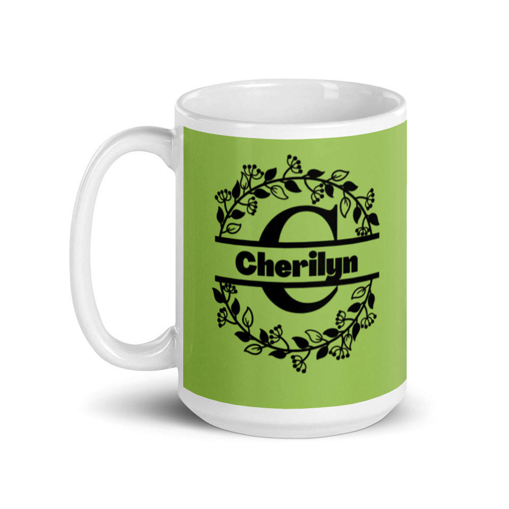 Cherilyn - Green & Black Personalised on White glossy mug